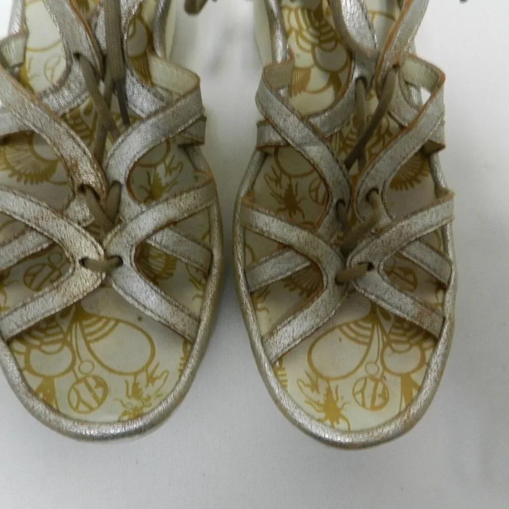Fly London Yuke Leather Wedge Gladiator strappy sandals heels silver Size 38  8